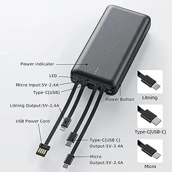 J cell Power Bank 10.000 mAh Portable Charger Built-in Cable