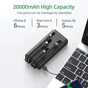 J cell Power Bank 10.000 mAh Portable Charger Built-in Cable